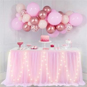 Pink Ruffle Tulle Table Skirt with LED Light for Baby Shower Princess Girls Birthday Party Cake Dessert Table Decorations