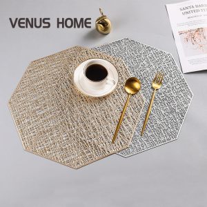 Octagonal Hollow PVC Drink Coasters Gold Silvery Placemat Bowl Manteles Individuales Geometric Flower Design Kitchen Accessories